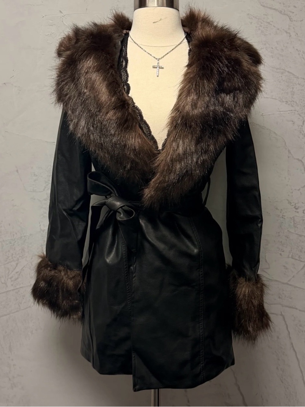 Faux Fur Trim Black Leather-Style Women's Coat - Picture 1 of 1